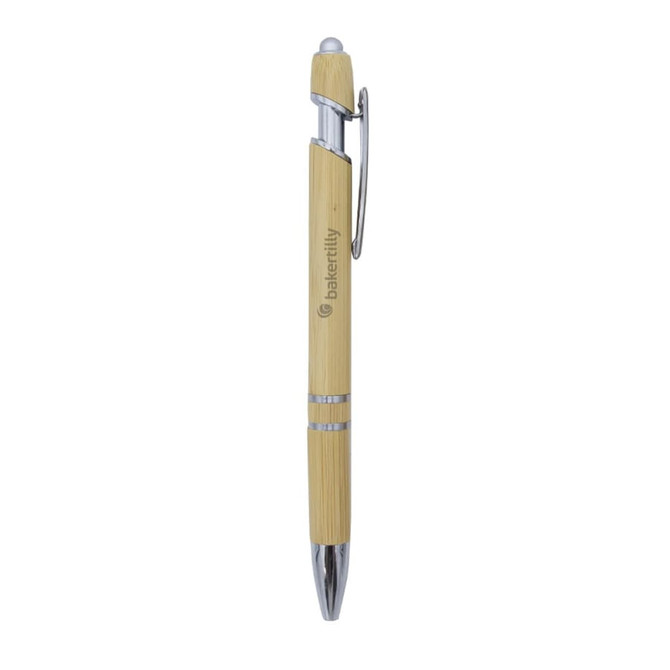 A bamboo pen with a silver clip and tip, featuring a branding logo.