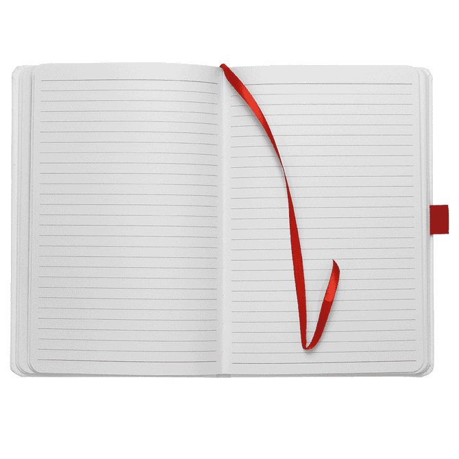 A bound journal in white with red accents, featuring lined pages and a red ribbon bookmark.