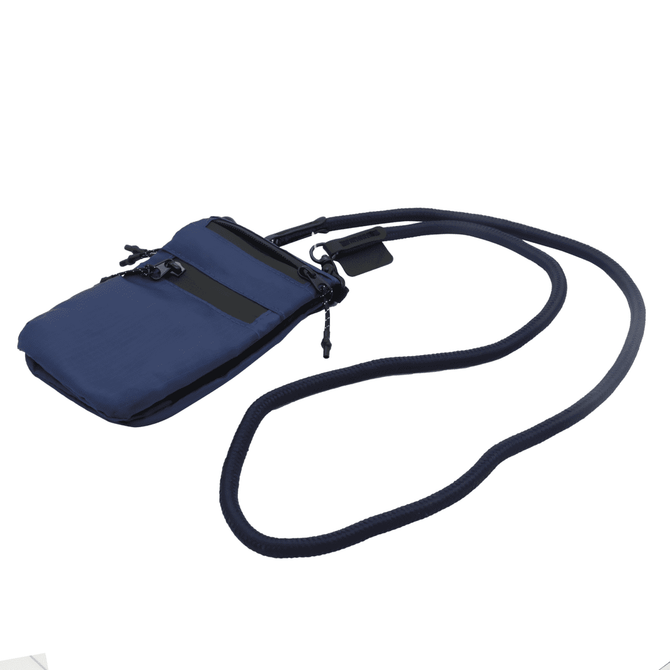 A navy blue ripstop water-resistant pouch with a adjustable strap and zip closure, featuring a logo.