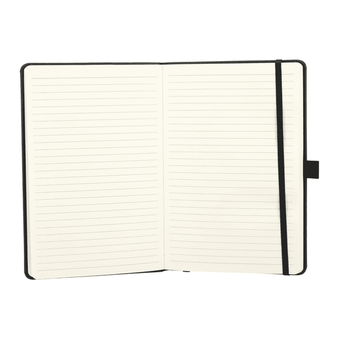 A hardbound journal notebook with lined pages and a black cover, featuring an elastic closure and bookmark.