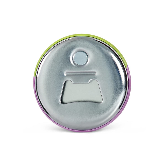 A drink bottle opener with a shiny metallic finish and colourful purple and green edges, featuring a circular design and a logo.