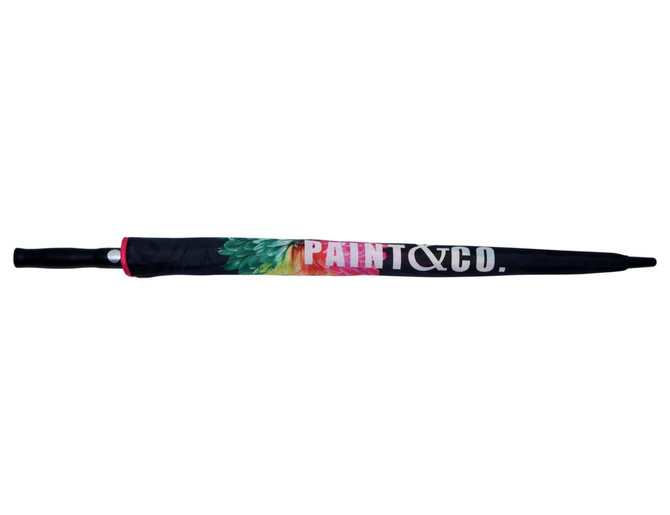 A golf umbrella with a vibrant floral design, featuring a black canopy and a handle. It includes a logo.