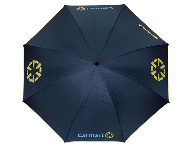 A navy umbrella with a yellow logo and branding, featuring a standard eight-panel design.
