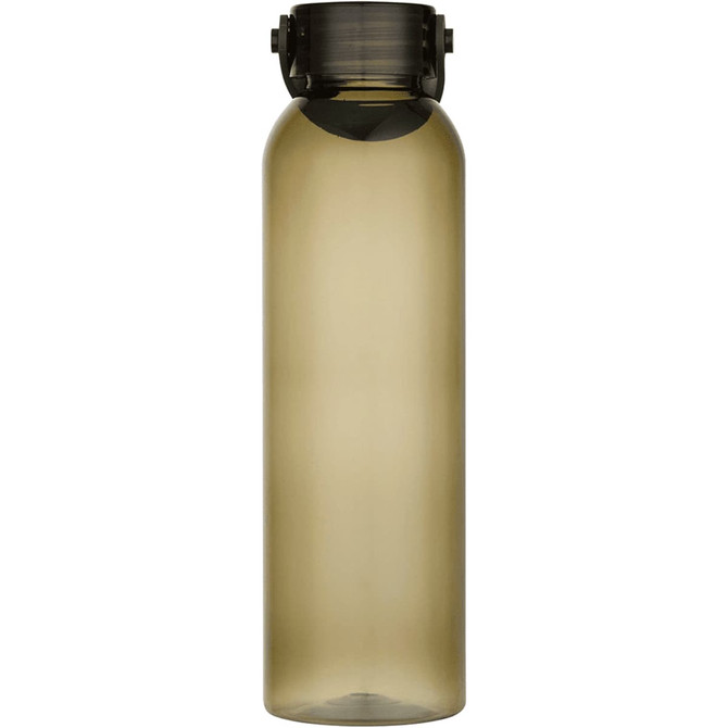 A drink bottle made of recycled plastic, featuring a smoky grey colour and a secure lid.