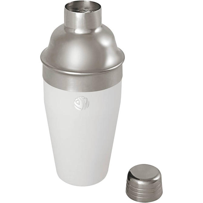 A stainless steel cocktail shaker featuring a white body and a silver lid, with a logo visible on the surface.