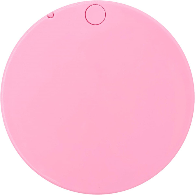 A round, pink makeup mirror with a smooth surface and a small button. It features a logo on the back.