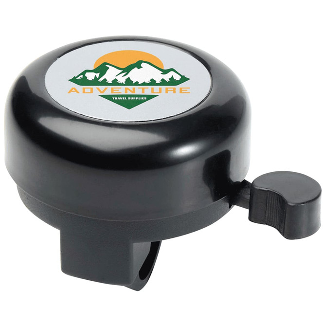 A black bicycle bell with a circular top featuring a logo and a lever on the side for ringing.