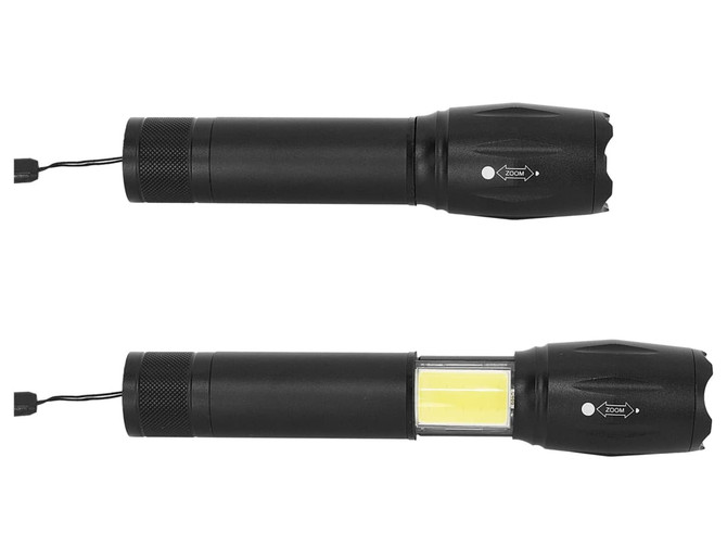 A black Power Beam Torch featuring a detachable light section and a clear panel showcasing the bulb.