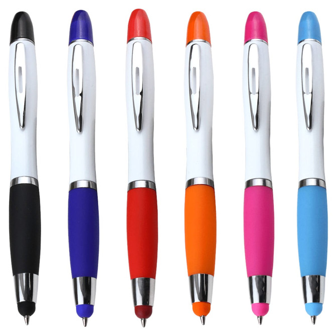 A selection of six ballpoint pens with coloured grips, featuring black, blue, red, orange, pink, and purple options. Each has a logo.