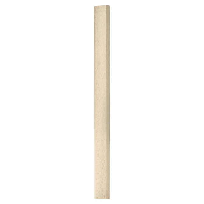 A wooden pencil, light in colour and rectangular in shape, standing upright against a neutral background.