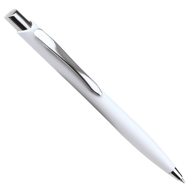 A white ballpoint pen with a silver clip and a smooth barrel design, featuring a logo on its side.