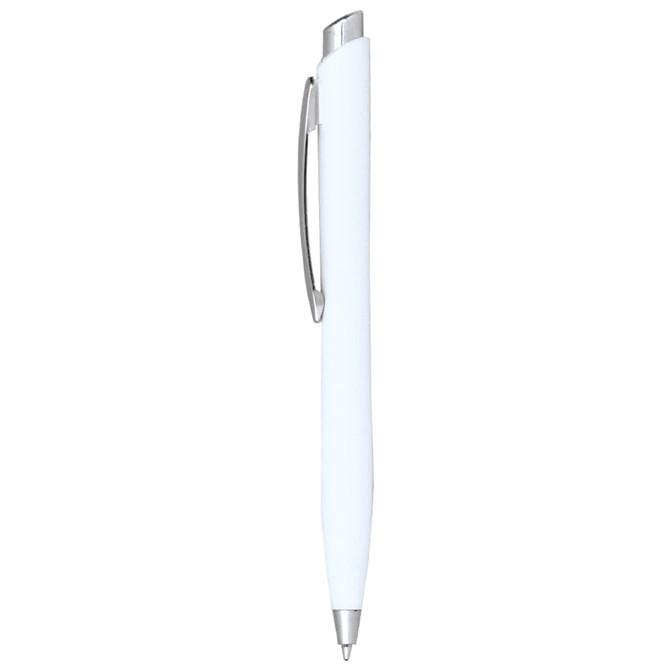 A white ballpoint pen with a silver clip, featuring a smooth click-action mechanism and a minimalist design.