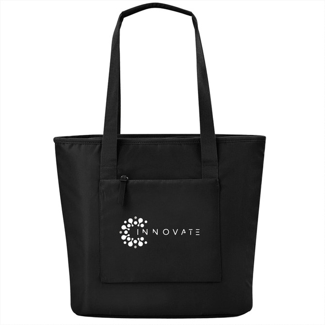 A black tote bag with a front pocket and a logo, featuring long handles for easy carrying.