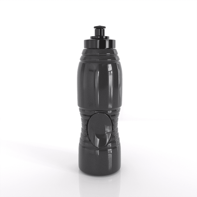 A drink bottle in sleek black, featuring a push-button lid and textured grip, with a logo on its body.