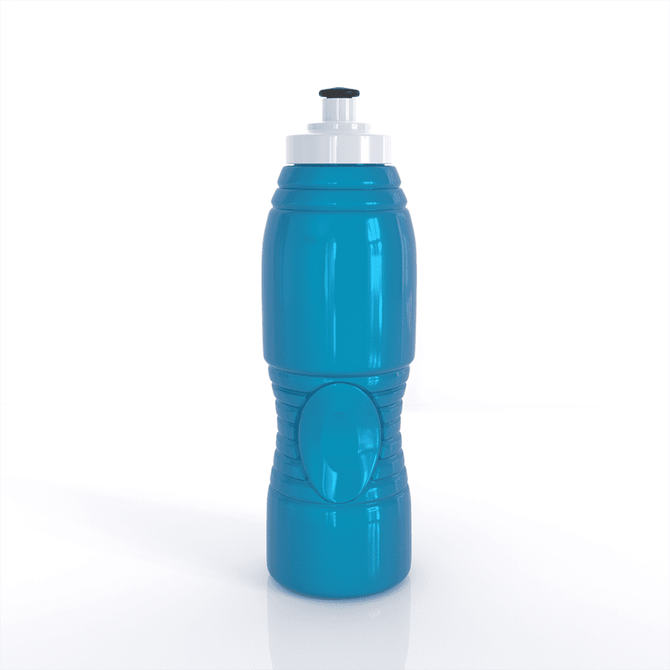 A drink bottle in a vibrant blue colour, featuring a textured grip and a silver cap, along with a logo.