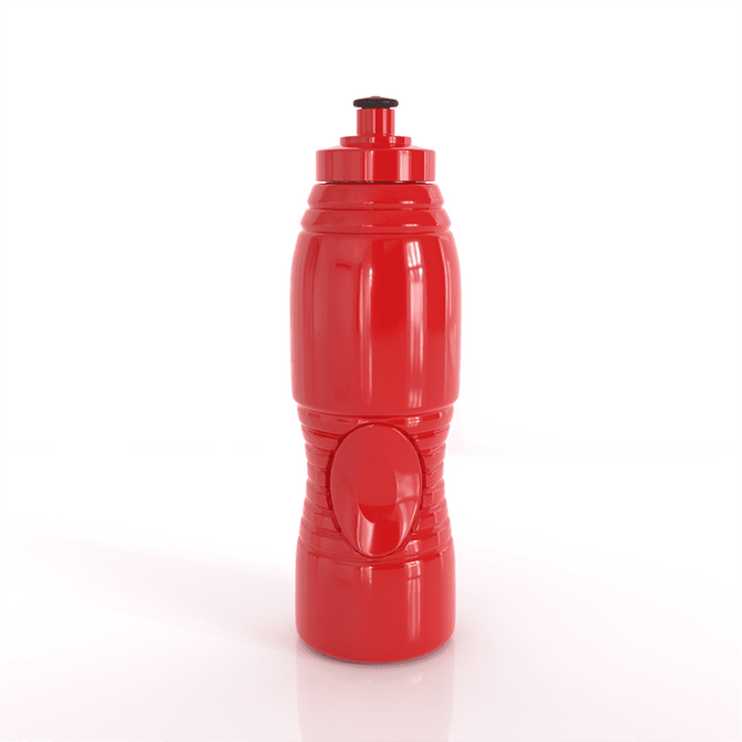 A drink bottle in vibrant red, featuring a textured body and a push cap, with branding on the side.