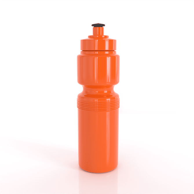 A drink bottle in bright orange, featuring a screw-on lid and a narrow design. It has a logo on the front.