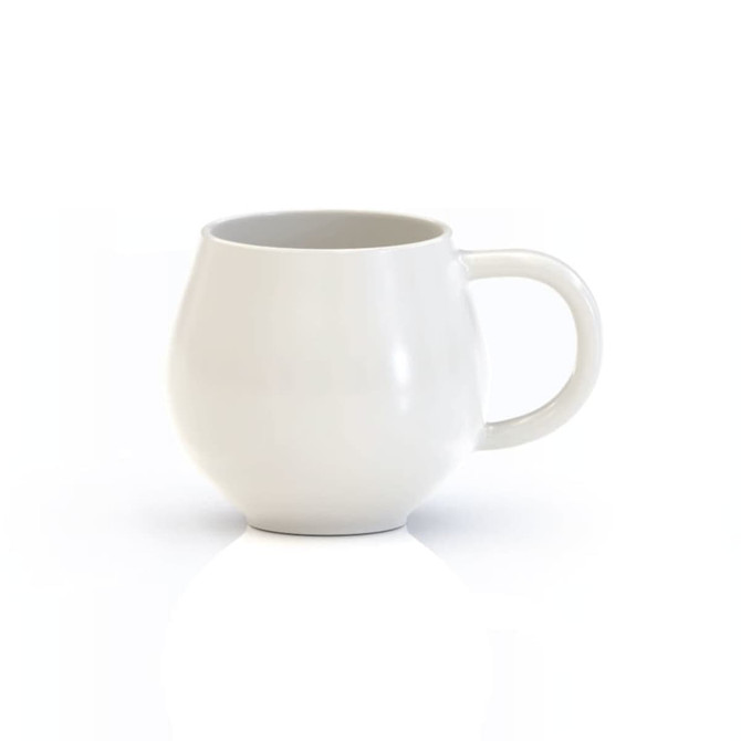 A white mug with a unique rounded design and a sturdy handle, featuring a smooth surface and no visible branding.