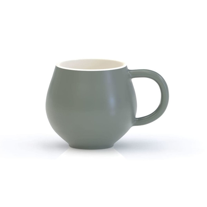 A green ceramic mug with a rounded shape and a white inner lining, featuring a handle and a branding logo.
