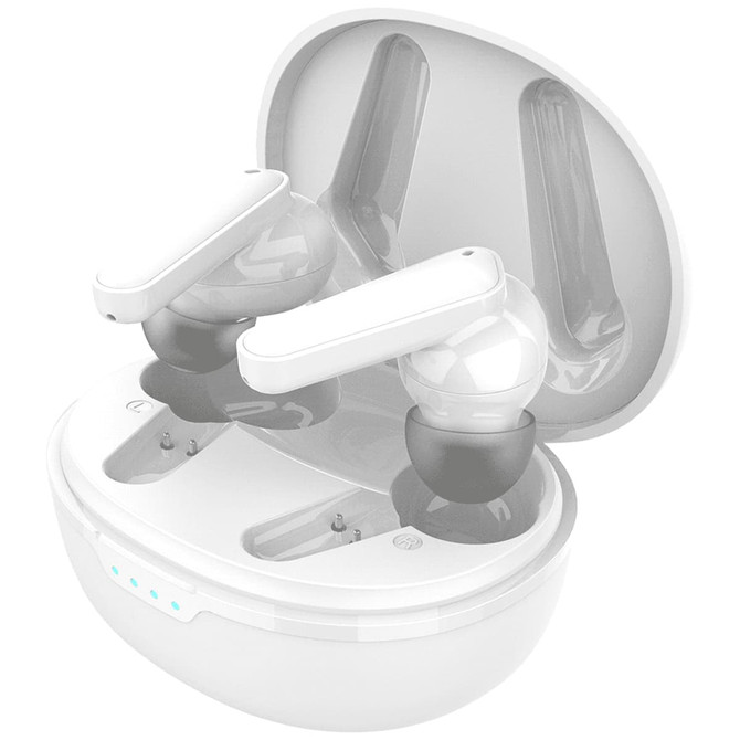 A pair of white earbuds with grey accents stored in a white charging case. The case has a logo on it.