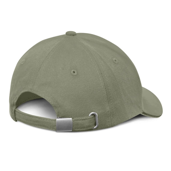 A cap featuring a black trim, designed with a classic adjustable back strap for a comfortable fit.