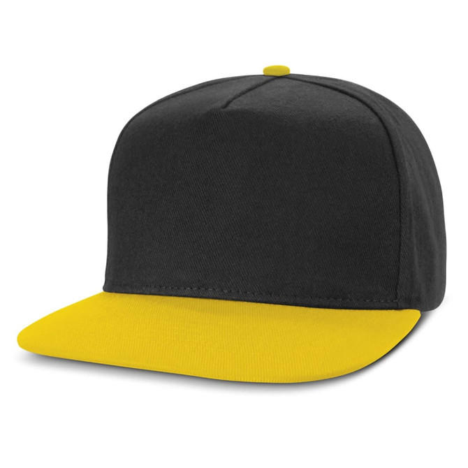 A Crusade Flat Peak Cap featuring a black crown and a yellow brim.