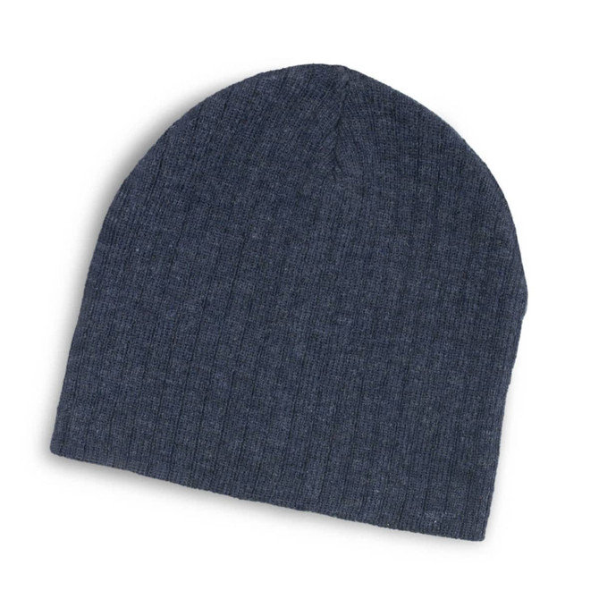 A grey cable knit beanie with a ribbed texture and a soft appearance. It has a logo on it.