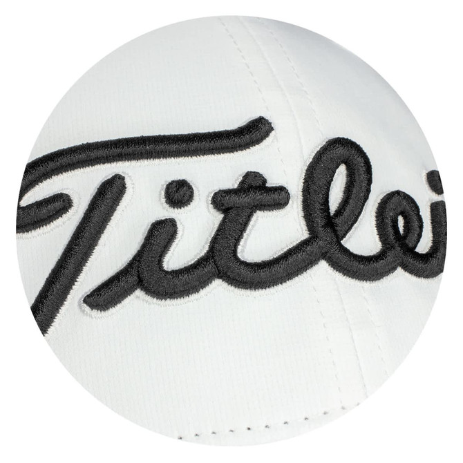 A white cap featuring embroidered text and a logo. Suitable for headwear and sports use.