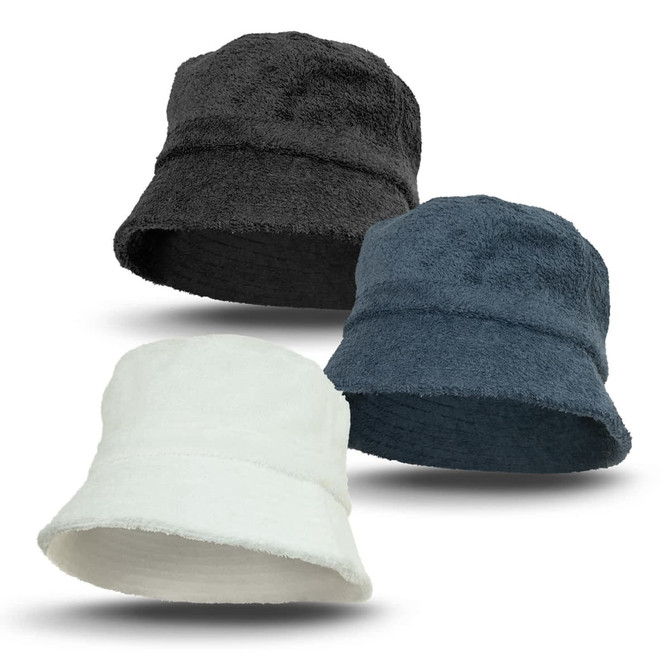 Three bucket hats in black, teal, and white terry towelling fabric, featuring a logo on each.