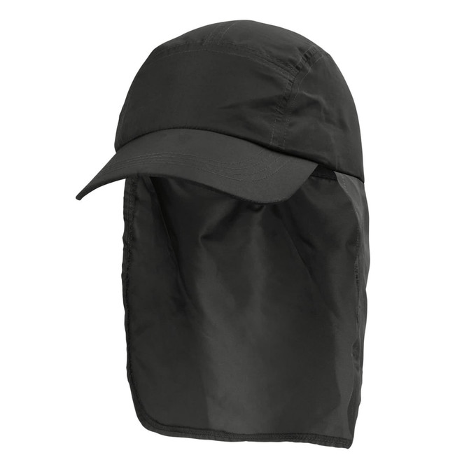A dark green Legionnaire hat with a wide brim and a protective neck flap. It features a logo on the side.