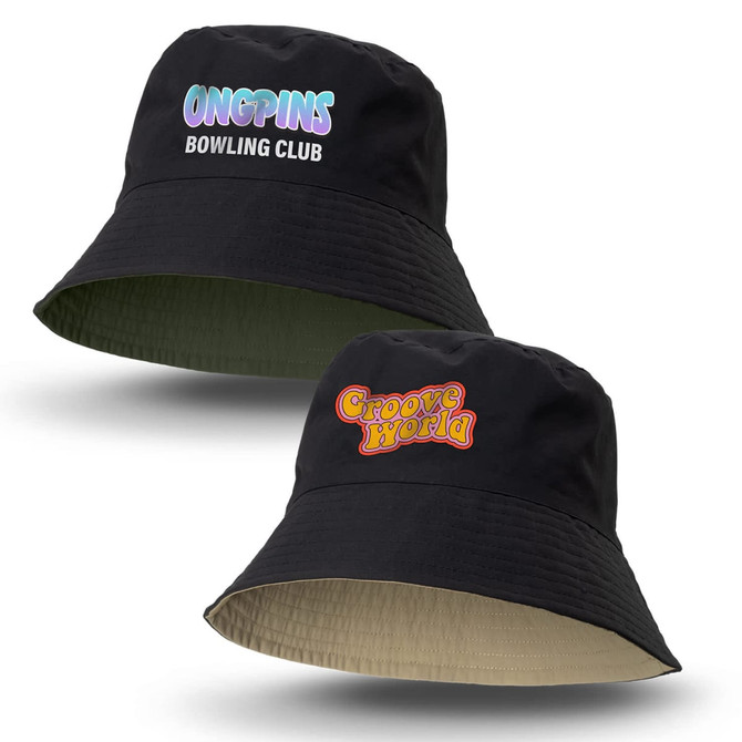 A reversible black bucket hat featuring two different logos on each side. One side has a colourful logo, and the other is in vibrant red.