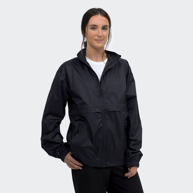 A unisex windbreaker jacket in black featuring a zip front and elastic cuffs, styled with a relaxed fit.