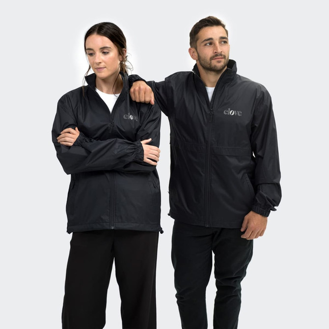 A unisex black windbreaker jacket displayed on two models, featuring pockets and a logo.