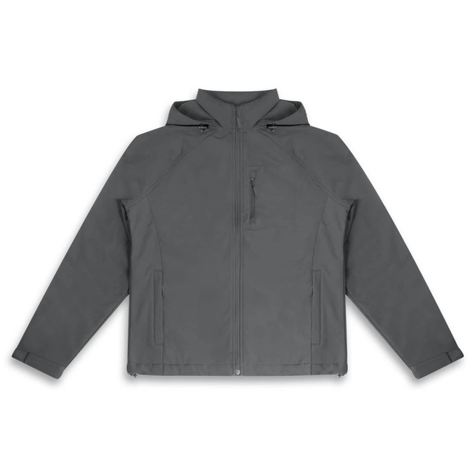A grey soft shell jacket with a hood, featuring zippered pockets and a branded logo.