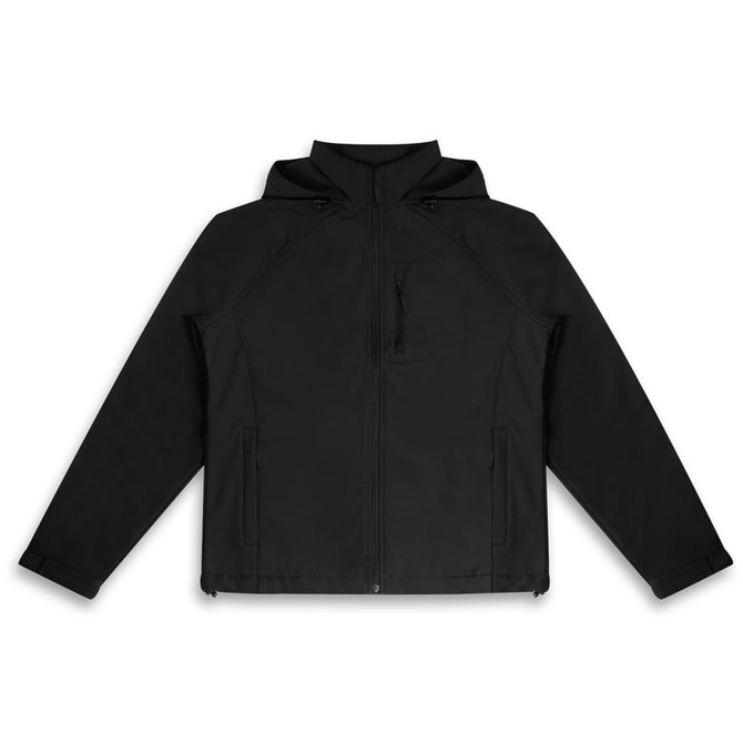 A black soft shell jacket featuring a hood, zippered front, and zippered chest pocket. It includes a logo.