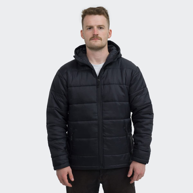 A black puffer jacket with a hood and zip, worn by a man standing against a neutral background.