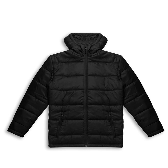A black puffer jacket featuring a high collar and zip closure, with a branding logo.
