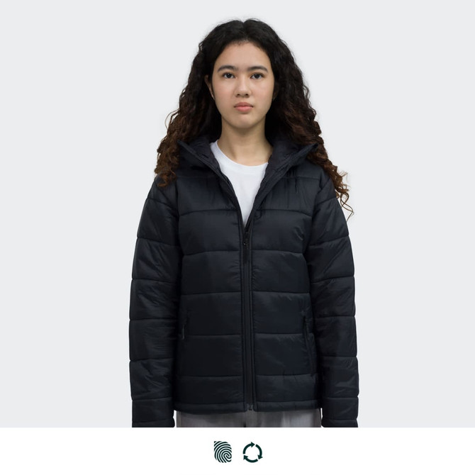 A black puffer jacket with a hood, featuring a zip front and a logo on the left side.