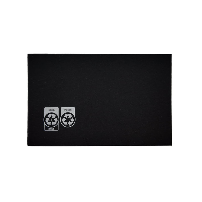 A black RPET lens cloth set with a pouch, featuring recycling logos on the side.
