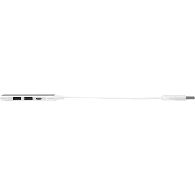 A silver recycled aluminium USB-A and Type-C hub with dual input and a white connecting cable.