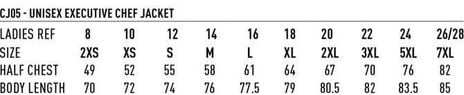 A size chart for the Unisex Executive Chef Jacket, detailing sizes, half chest measurements, and body lengths.