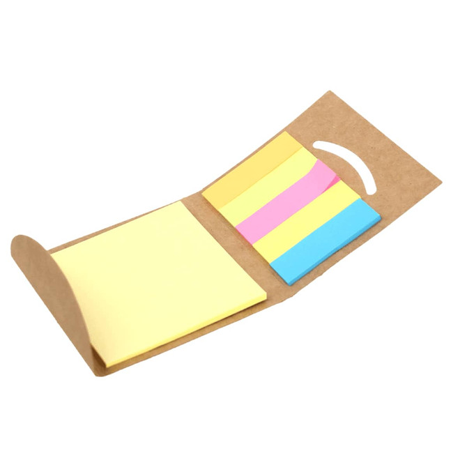 A stationary essentials pack containing yellow sticky notes and coloured index tabs in pink, blue, and yellow.