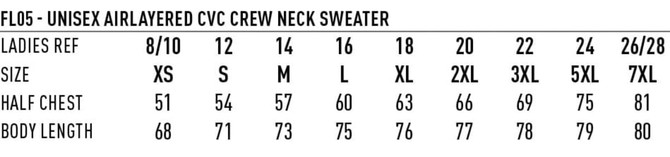 A size chart for the Unisex Airlayered CVC Crew Neck Sweater, detailing measurements for various sizes.