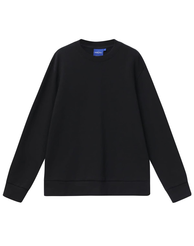 A black unisex crew neck sweater with long sleeves and a simple design. It features a small logo on the neckline.