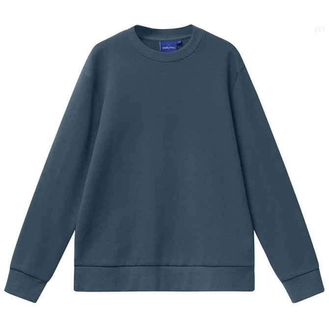 A unisex air-layered crew neck sweater in a deep blue colour. The garment has long sleeves and a relaxed fit.