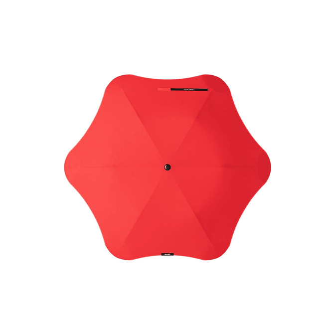 A red umbrella with an octagonal shape and a central button, featuring a simple design and a branding logo.