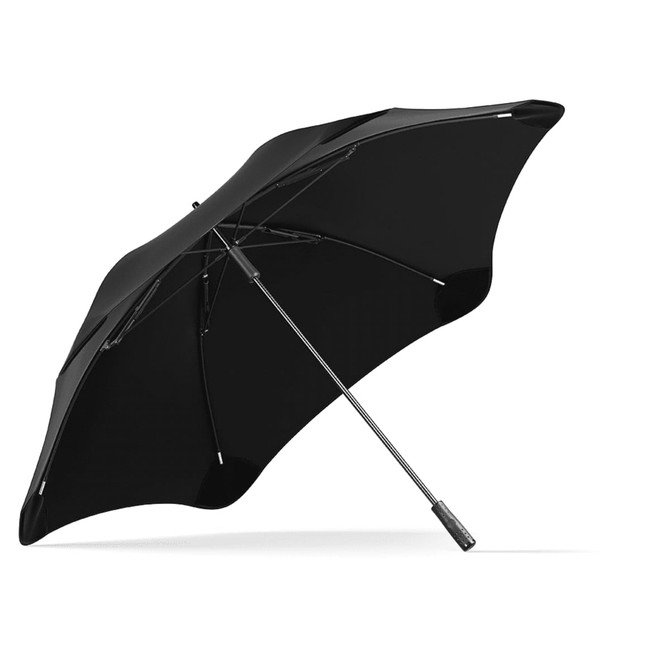 A black sport umbrella with a sleek design, featuring a sturdy silver pole and an integrated handle.