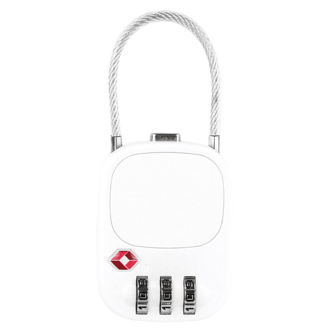 A white TSA lock featuring a cable shackle and a combination dial, with a small logo on the front.