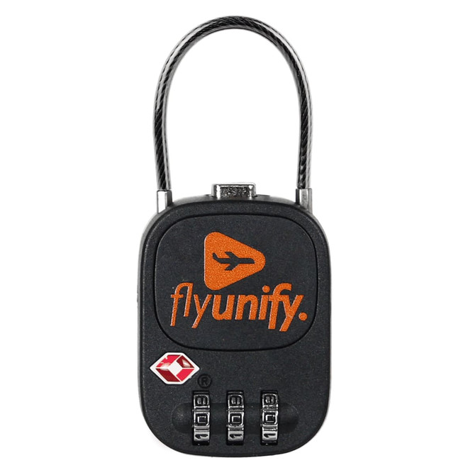 A black TSA-approved padlock with a combination dial and a logo on the front.