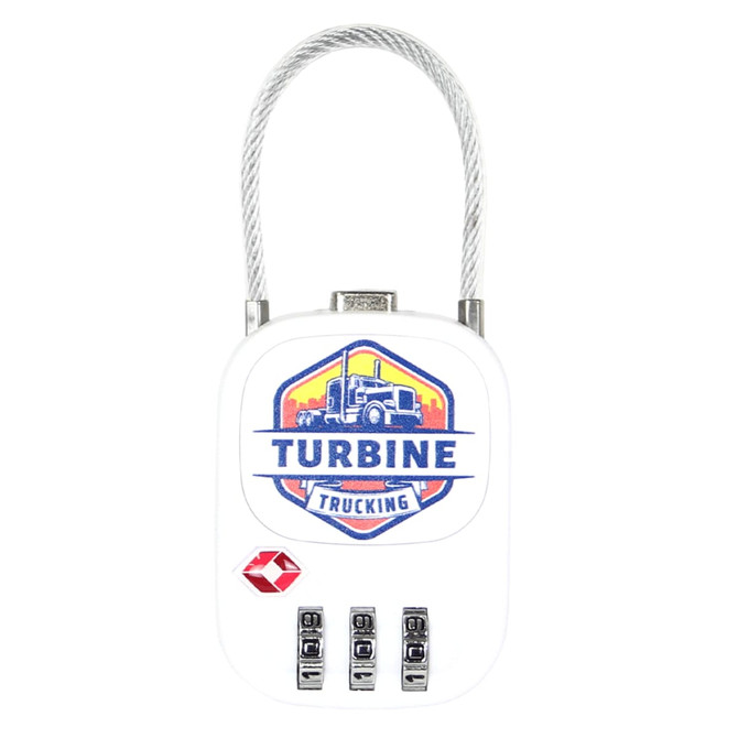 A white TSA lock with a cable and a colourful logo featuring a truck and text.